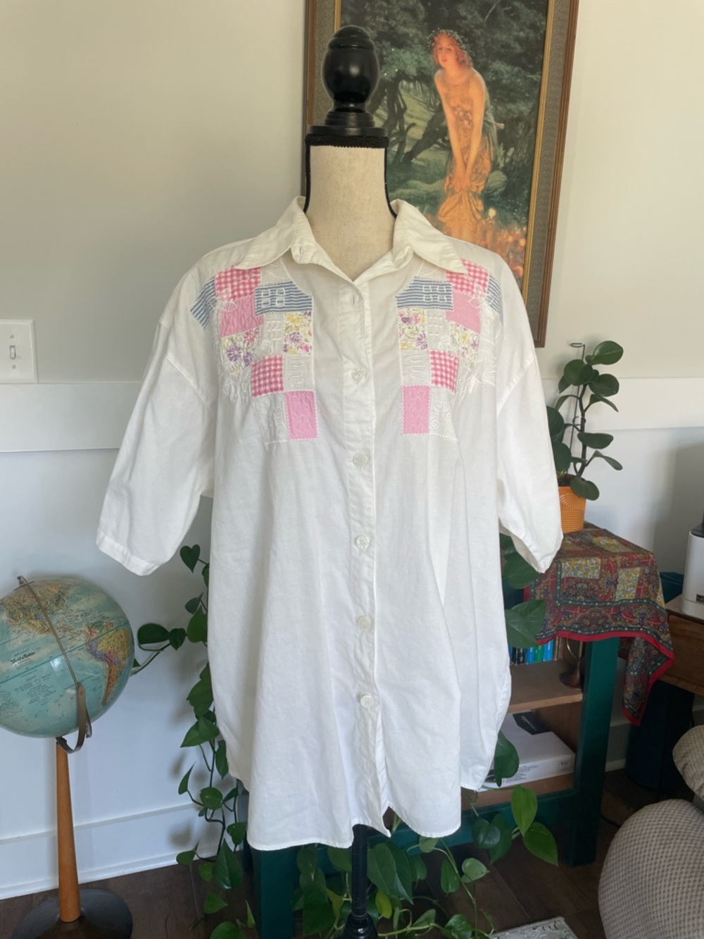 Mystic Blues Quilted Patchwork Embroidered Short Sleeve Button Down 22W